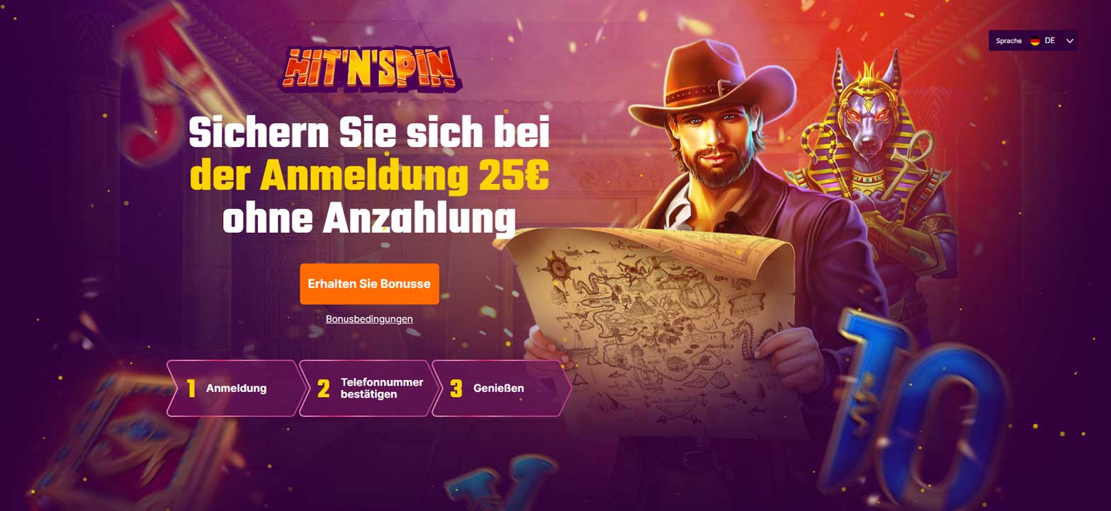 HitnSpin Casino: 25 Euro Startbonus ohne Einzahlung